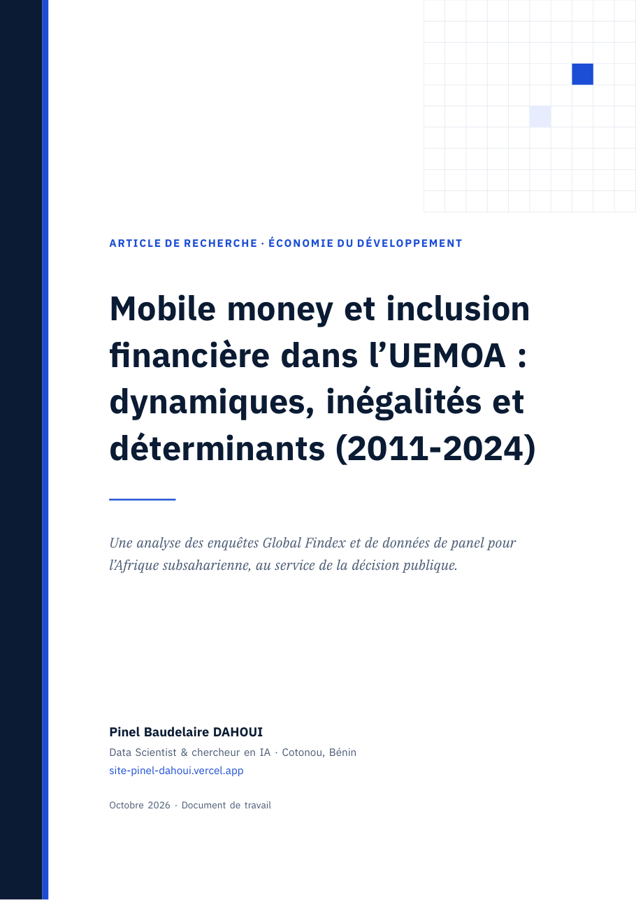Page de couverture de l’article « Mobile money et inclusion financière dans l’UEMOA : dynamiques, inégalités et déterminants (2011-2024) »